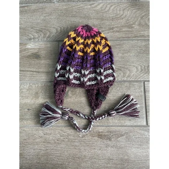 Volcom cable knit tasseled brown rainbow beanie hat LNC Adult One Size - Picture 3 of 7